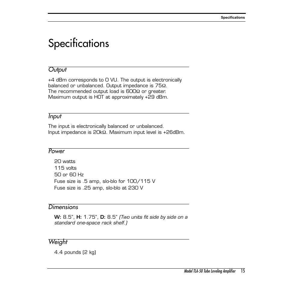 Specifications | Summit Audio TLA-50 Tube Leveling Amplifier User Manual | Page 15 / 16