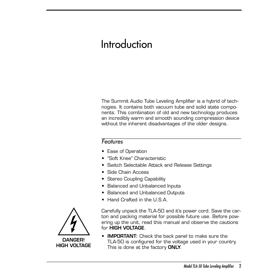 Introduction | Summit Audio TLA-50 Tube Leveling Amplifier User Manual | Page 2 / 16