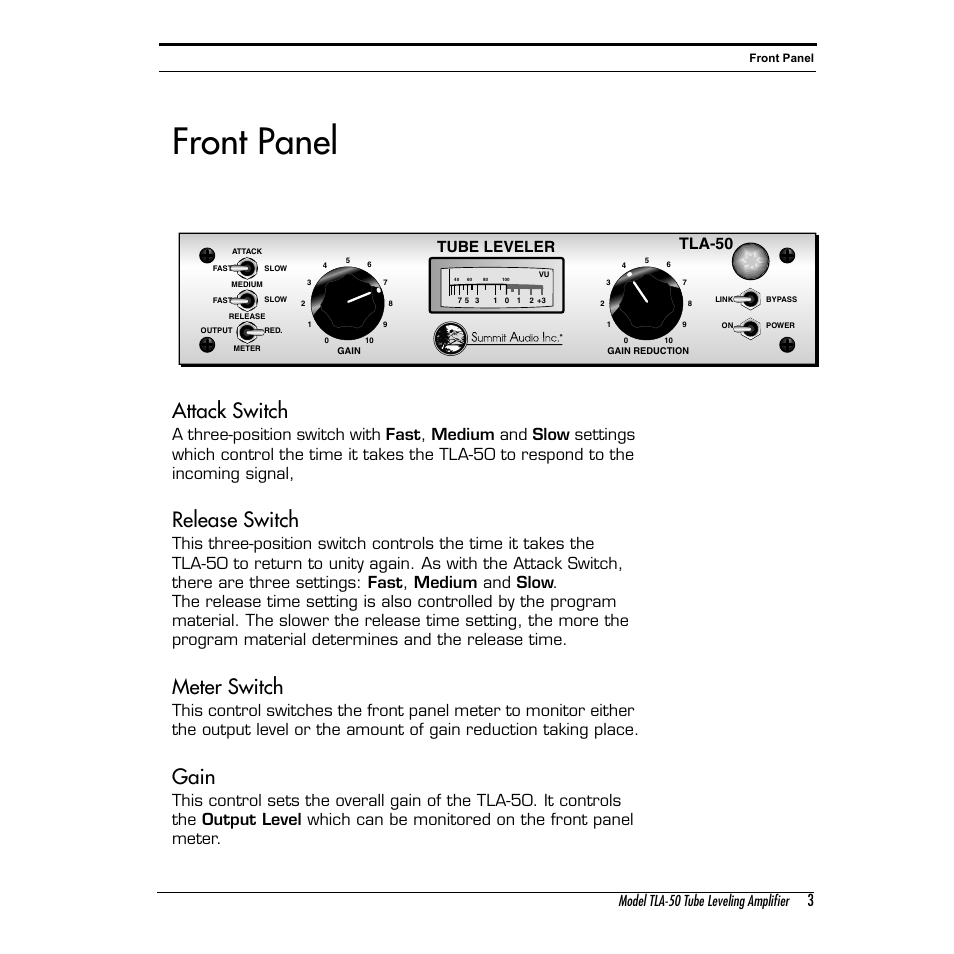 Front panel, Attack switch, Release switch | Meter switch, Gain | Summit Audio TLA-50 Tube Leveling Amplifier User Manual | Page 3 / 16