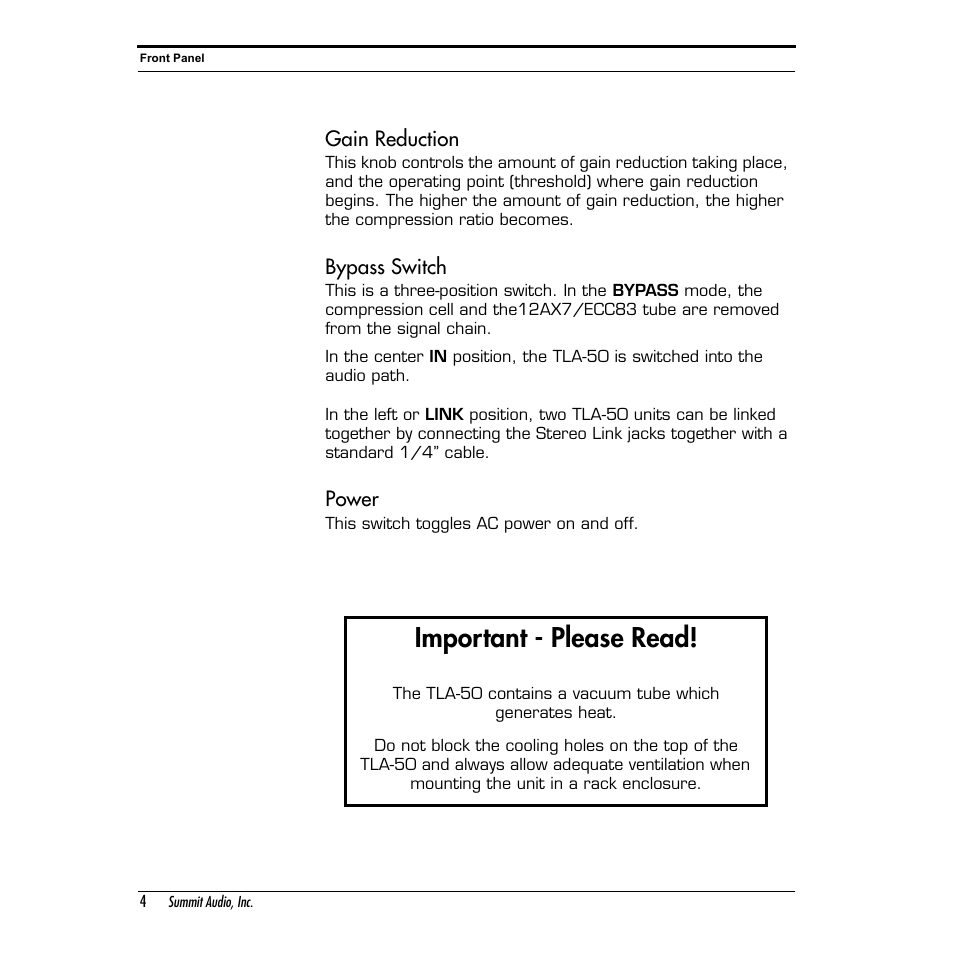 Important - please read, Gain reduction, Bypass switch | Power | Summit Audio TLA-50 Tube Leveling Amplifier User Manual | Page 4 / 16