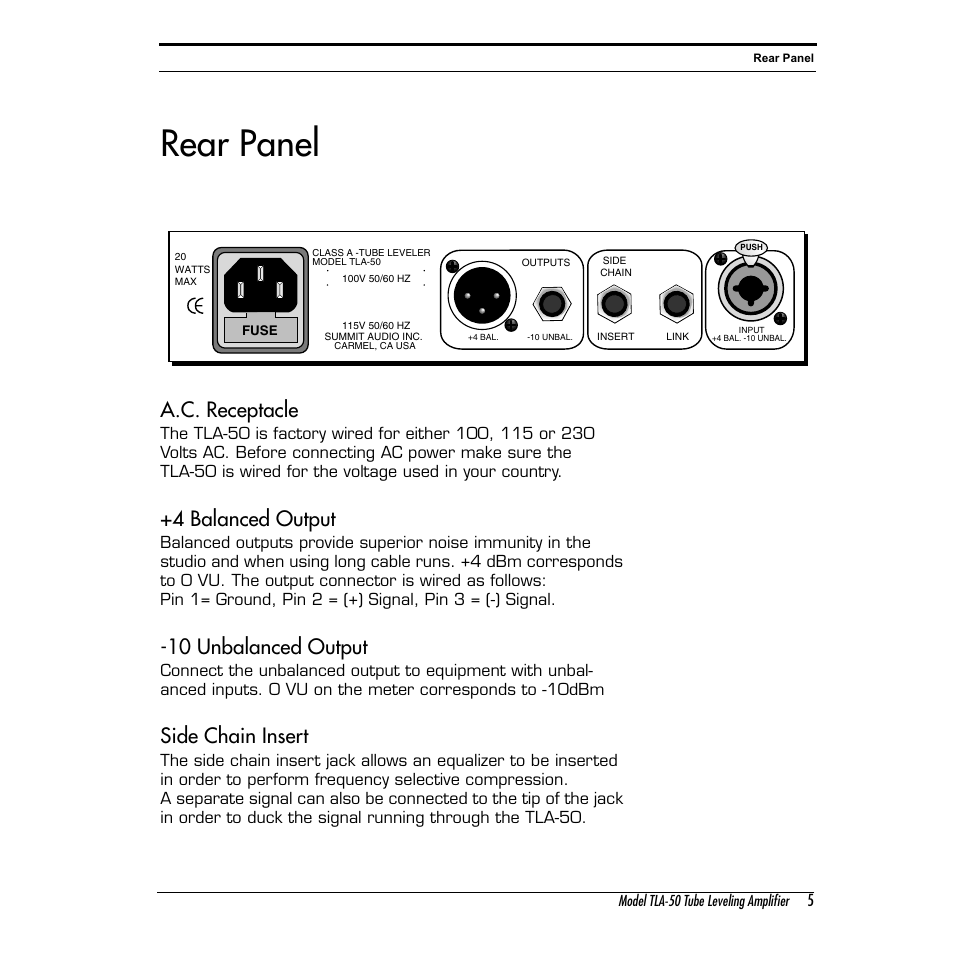 Rear panel, A.c. receptacle, 4 balanced output | 10 unbalanced output, Side chain insert | Summit Audio TLA-50 Tube Leveling Amplifier User Manual | Page 5 / 16