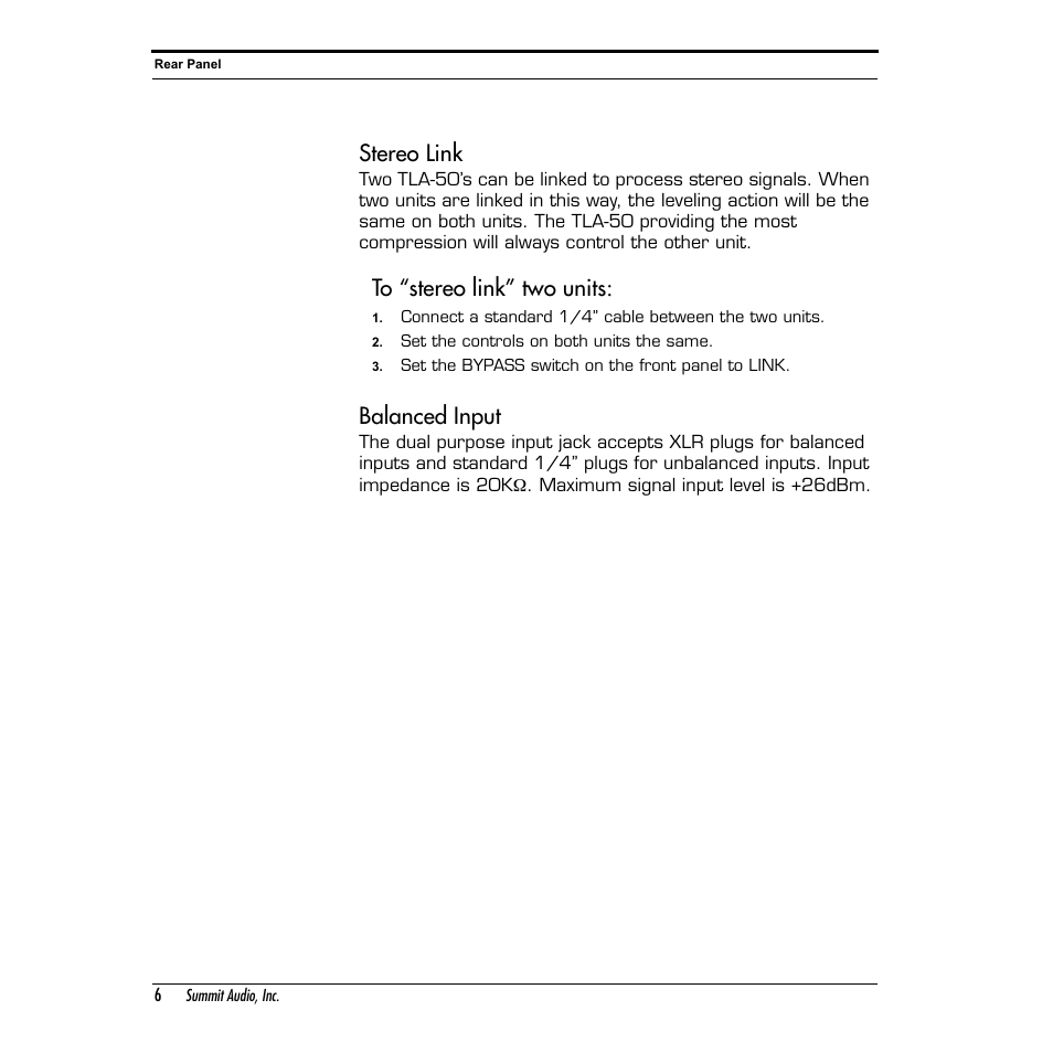 Stereo link, Balanced input | Summit Audio TLA-50 Tube Leveling Amplifier User Manual | Page 6 / 16