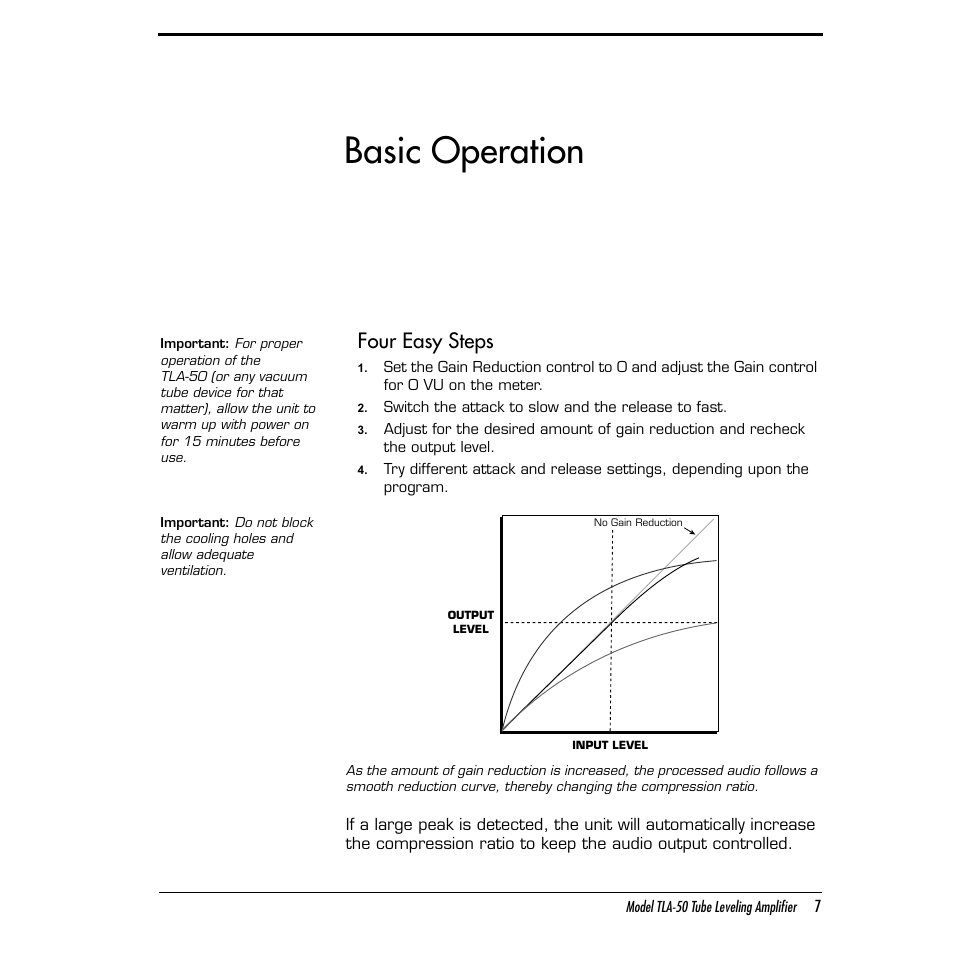 Basic operation, Four easy steps | Summit Audio TLA-50 Tube Leveling Amplifier User Manual | Page 7 / 16