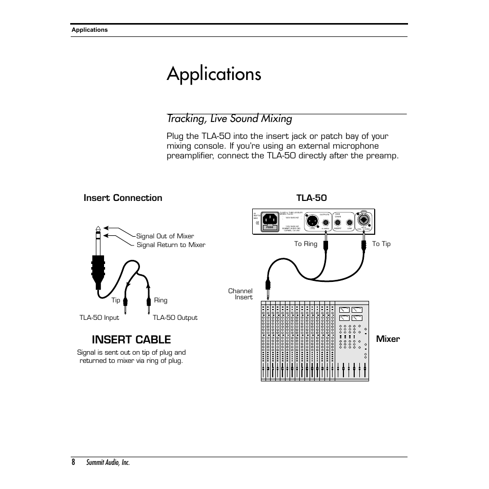 Applications, Tracking, live sound mixing, Insert cable | Insert connection, Tla-50 mixer | Summit Audio TLA-50 Tube Leveling Amplifier User Manual | Page 8 / 16