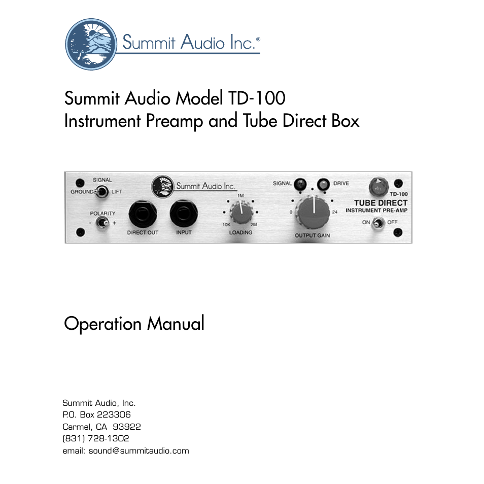 Summit Audio TD-100 Instrument Preamplifier and D.I. User Manual | 14 pages