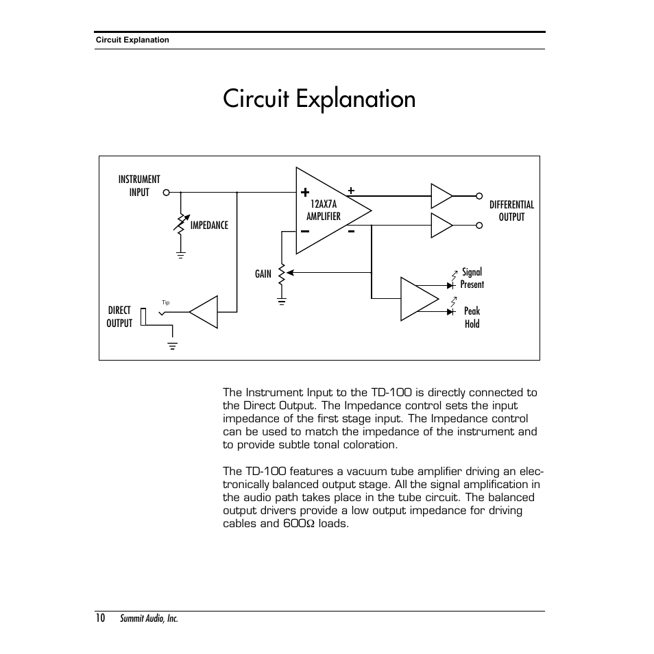 Circuit explanation | Summit Audio TD-100 Instrument Preamplifier and D.I. User Manual | Page 10 / 14
