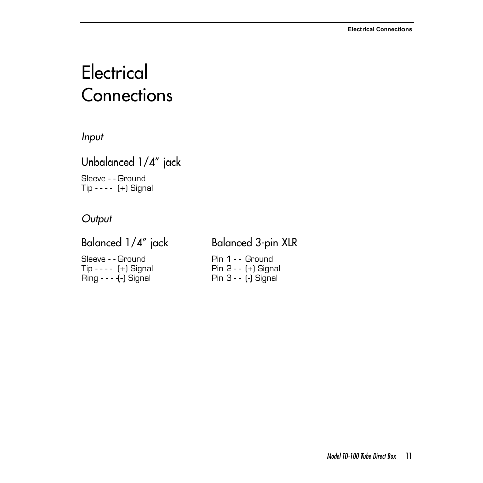 Electrical connections | Summit Audio TD-100 Instrument Preamplifier and D.I. User Manual | Page 11 / 14