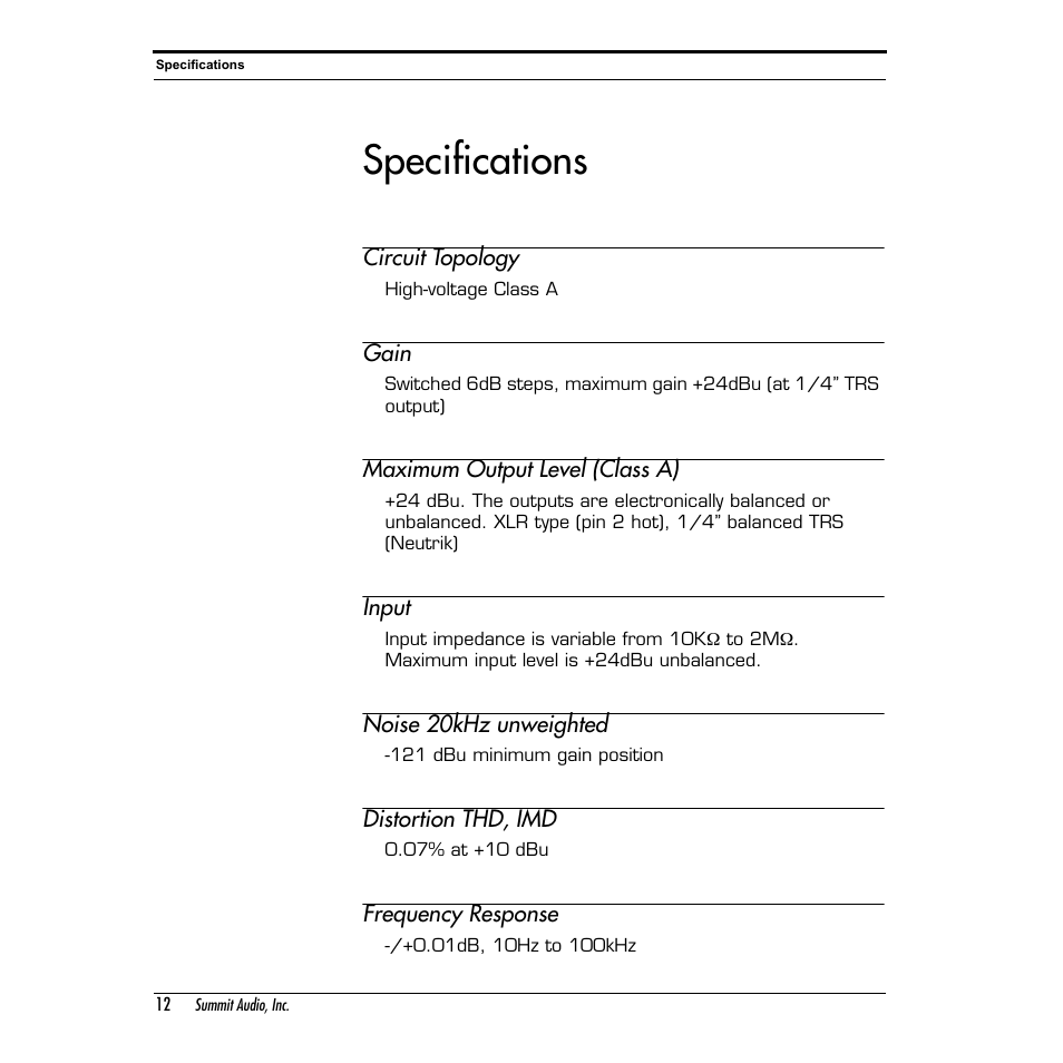 Specifications | Summit Audio TD-100 Instrument Preamplifier and D.I. User Manual | Page 12 / 14