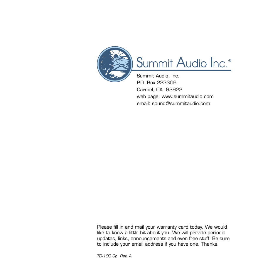 Summit Audio TD-100 Instrument Preamplifier and D.I. User Manual | Page 14 / 14