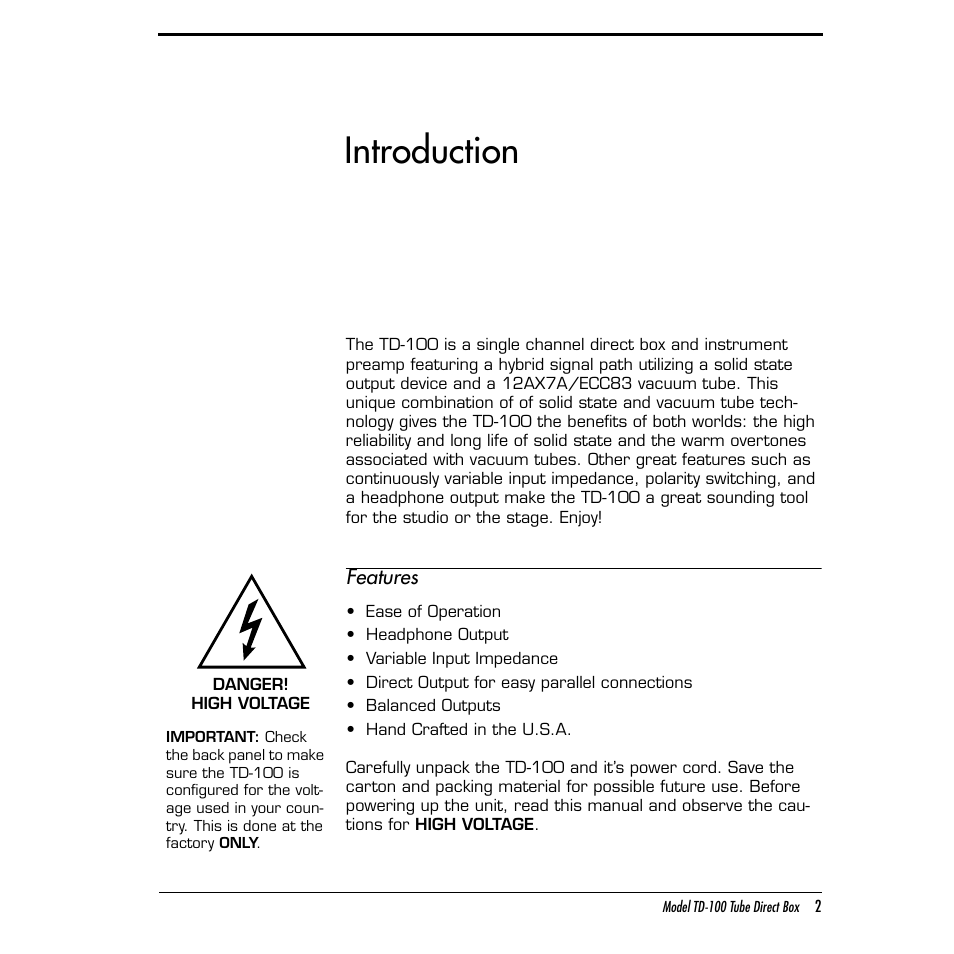 Introduction | Summit Audio TD-100 Instrument Preamplifier and D.I. User Manual | Page 2 / 14
