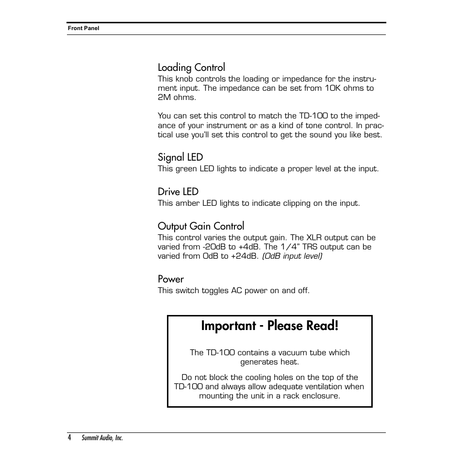 Important - please read | Summit Audio TD-100 Instrument Preamplifier and D.I. User Manual | Page 4 / 14