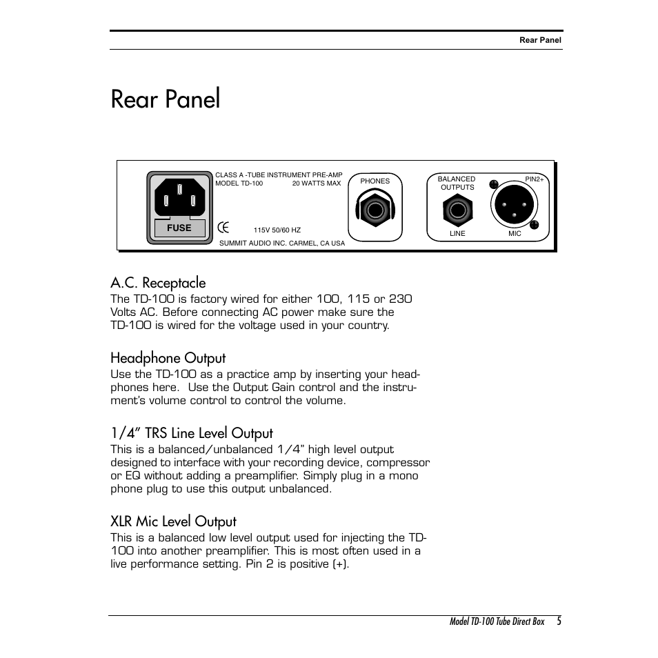 Rear panel, A.c. receptacle, Headphone output | 1/4” trs line level output, Xlr mic level output | Summit Audio TD-100 Instrument Preamplifier and D.I. User Manual | Page 5 / 14