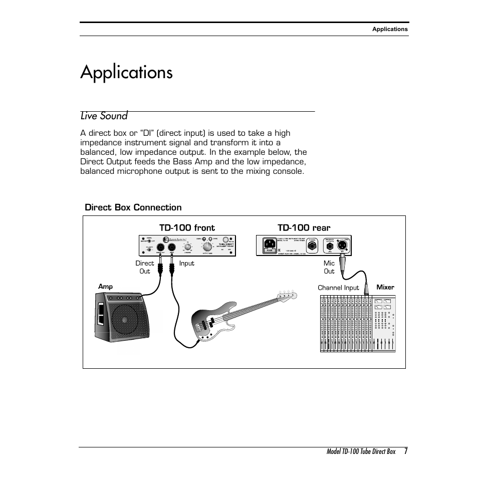 Applications | Summit Audio TD-100 Instrument Preamplifier and D.I. User Manual | Page 7 / 14