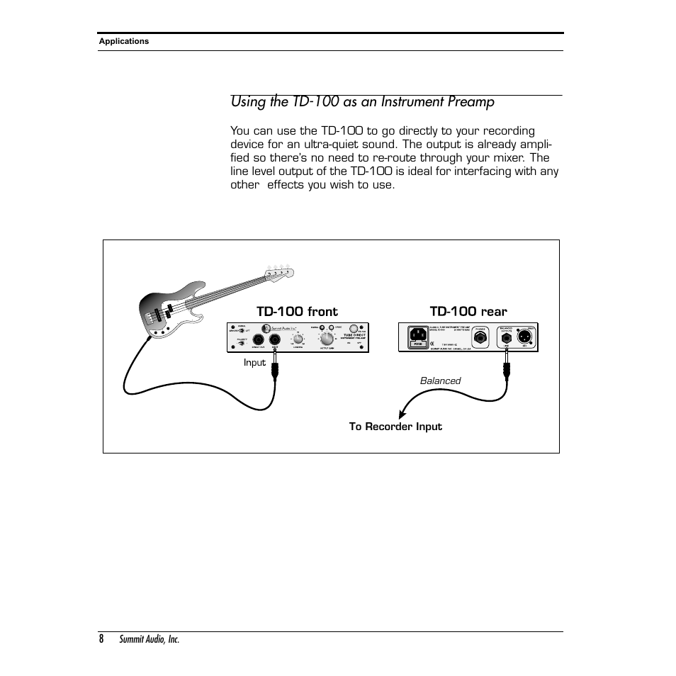 Using the td-100 as an instrument preamp | Summit Audio TD-100 Instrument Preamplifier and D.I. User Manual | Page 8 / 14