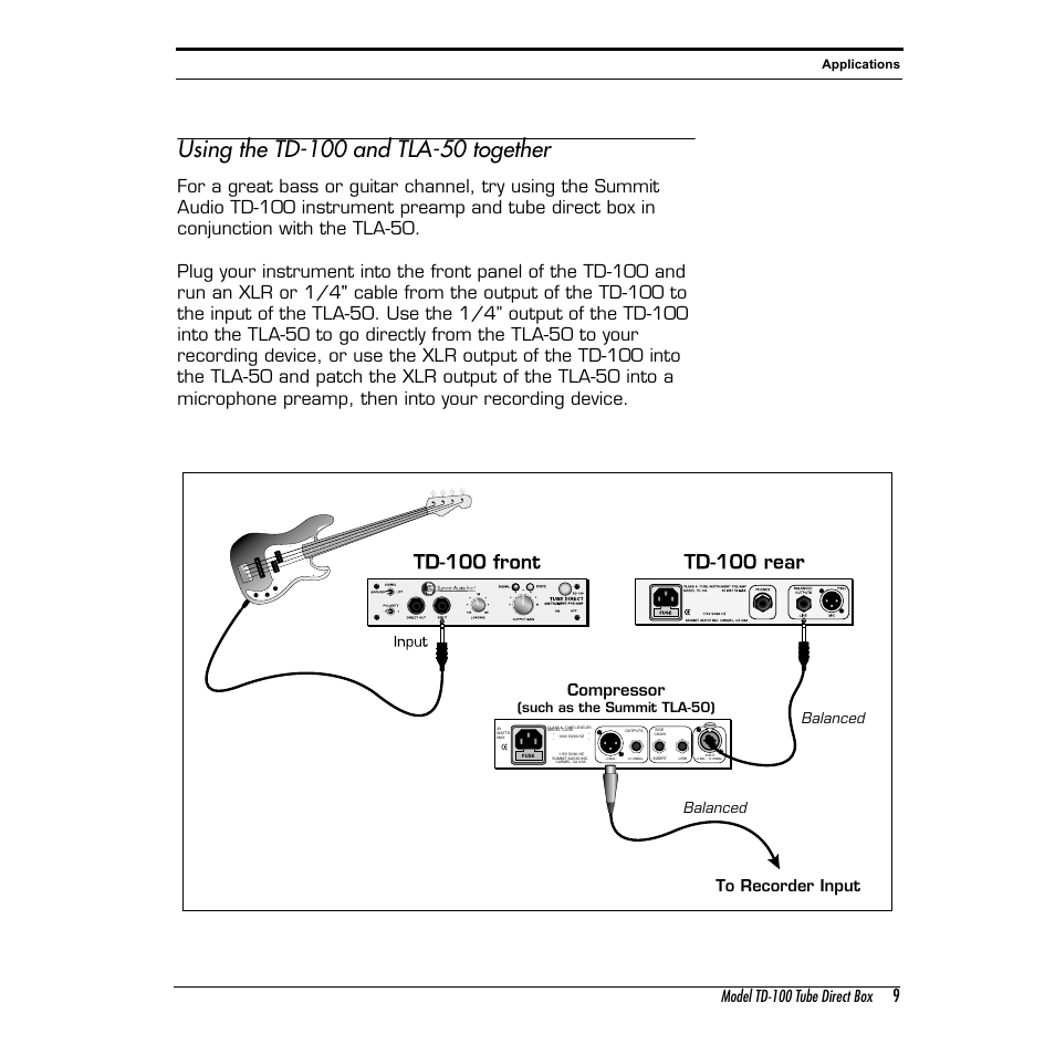 Model td-100 tube direct box, Compressor, Balanced | Summit Audio TD-100 Instrument Preamplifier and D.I. User Manual | Page 9 / 14