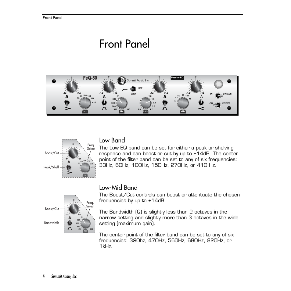 Front panel, Low band, Low-mid band | Feq-50, Summit audio, inc | Summit Audio FeQ-50 Passive Tube/Solid State EQ User Manual | Page 4 / 16