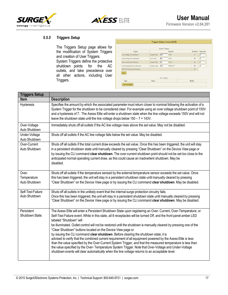 5 triggers setup, Triggers setup, User manual | SurgeX SX-AX20E User Manual | Page 17 / 34