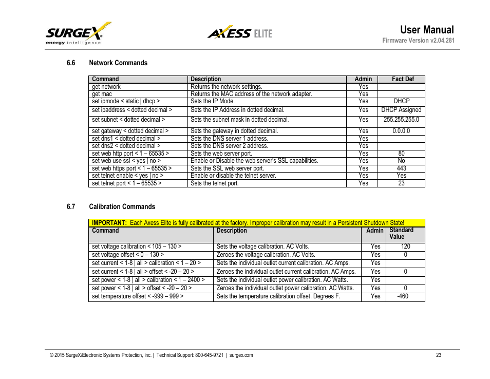 6 network commands, 7 calibration commands, User manual | SurgeX SX-AX20E User Manual | Page 23 / 34