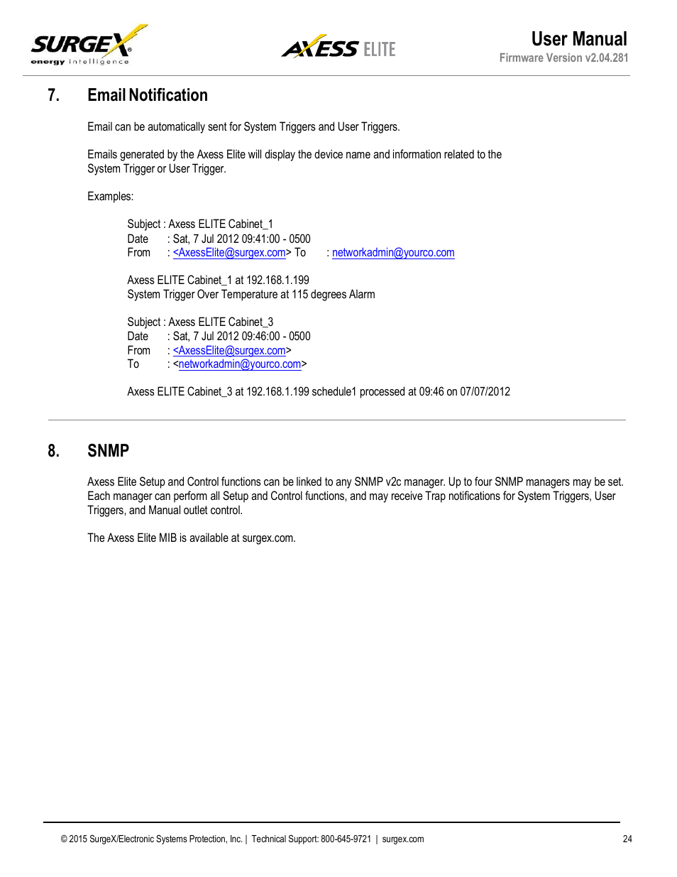 Email notification, Snmp, User manual | SurgeX SX-AX20E User Manual | Page 24 / 34