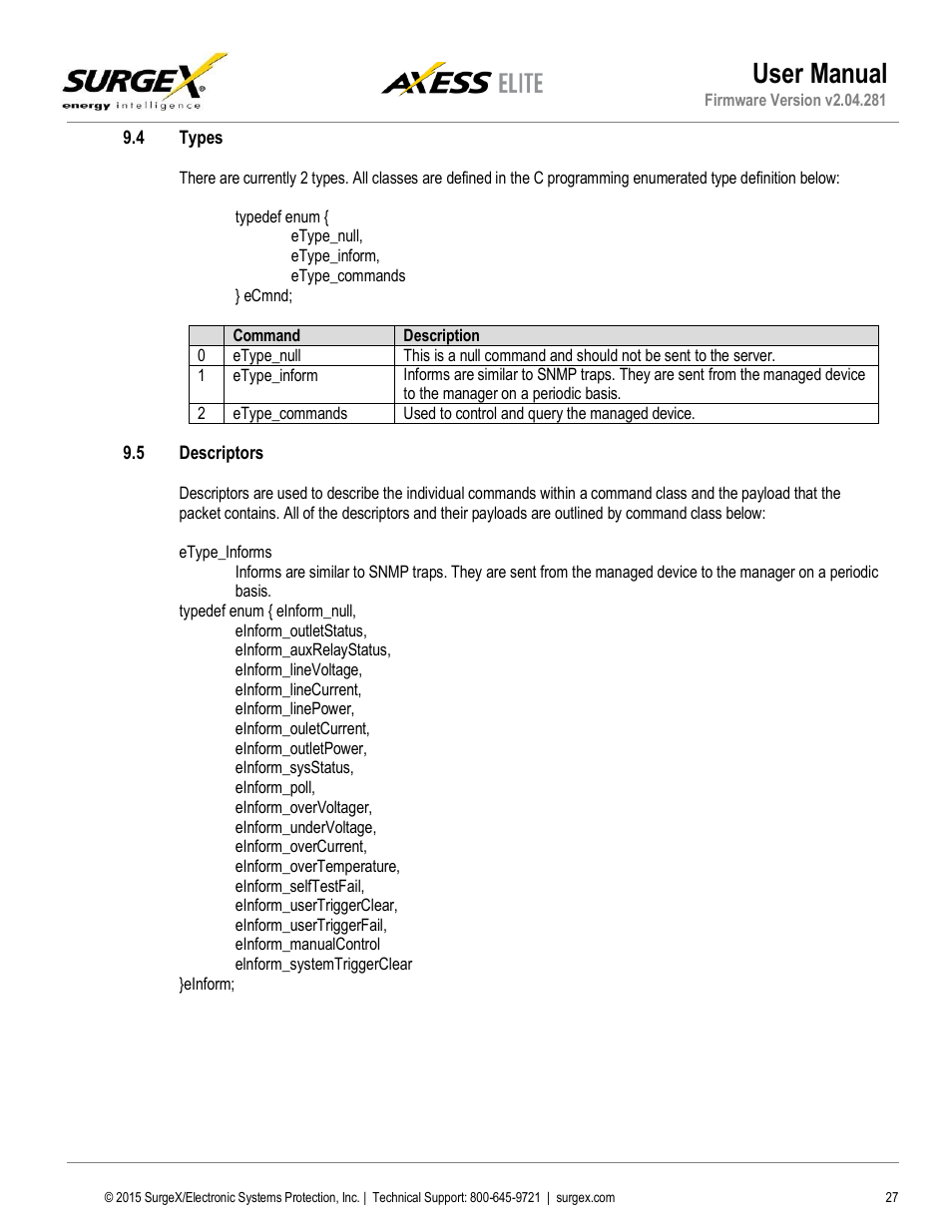 Types, 5 descriptors, User manual | SurgeX SX-AX20E User Manual | Page 27 / 34