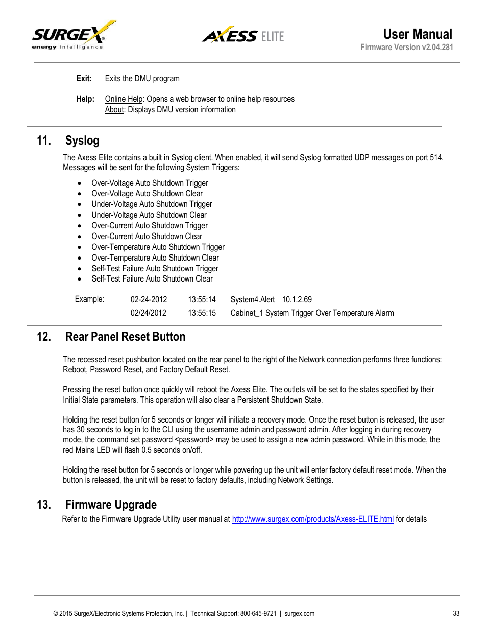 Syslog, Rear panel reset button, Firmware upgrade | User manual | SurgeX SX-AX20E User Manual | Page 33 / 34