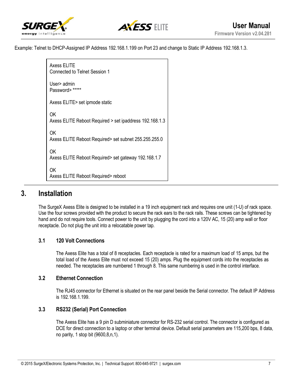 Installation, 120 volt connections, Ethernet connections | User manual | SurgeX SX-AX20E User Manual | Page 7 / 34