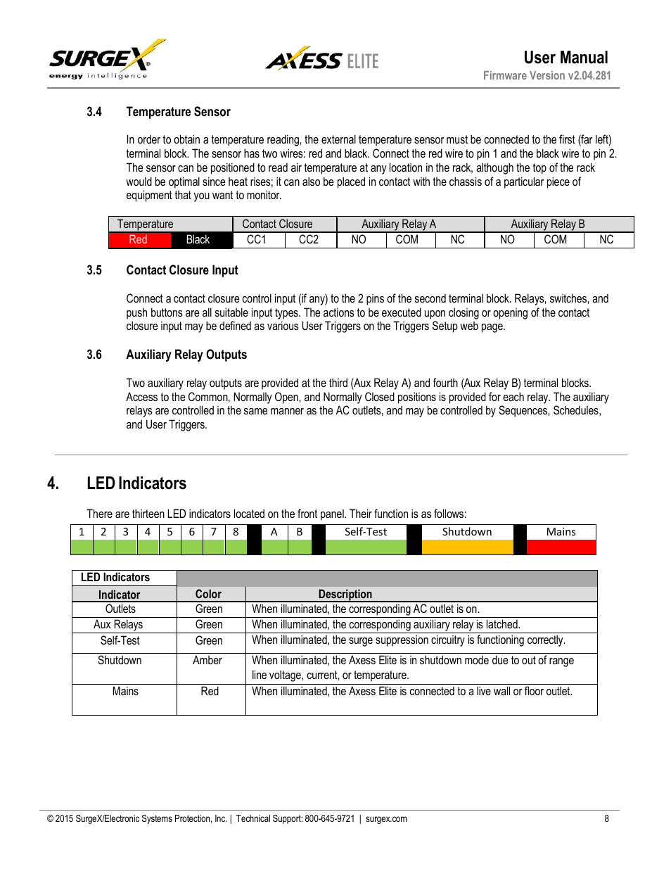 Led indicators, Temperature sensor, Contact closure input | Auxilary relay outputs, User manual | SurgeX SX-AX20E User Manual | Page 8 / 34