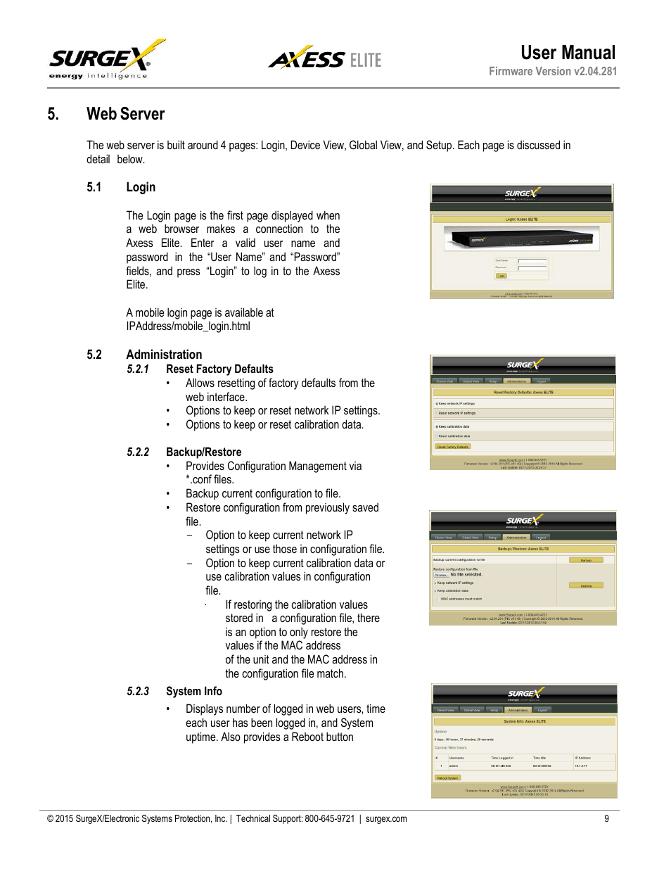 Web server, 1 login, 2 administration | 1 reset factory defaults, 2 backup/restore, 3 system info, Reset factory defaults, Backup/restore, System info, User manual | SurgeX SX-AX20E User Manual | Page 9 / 34