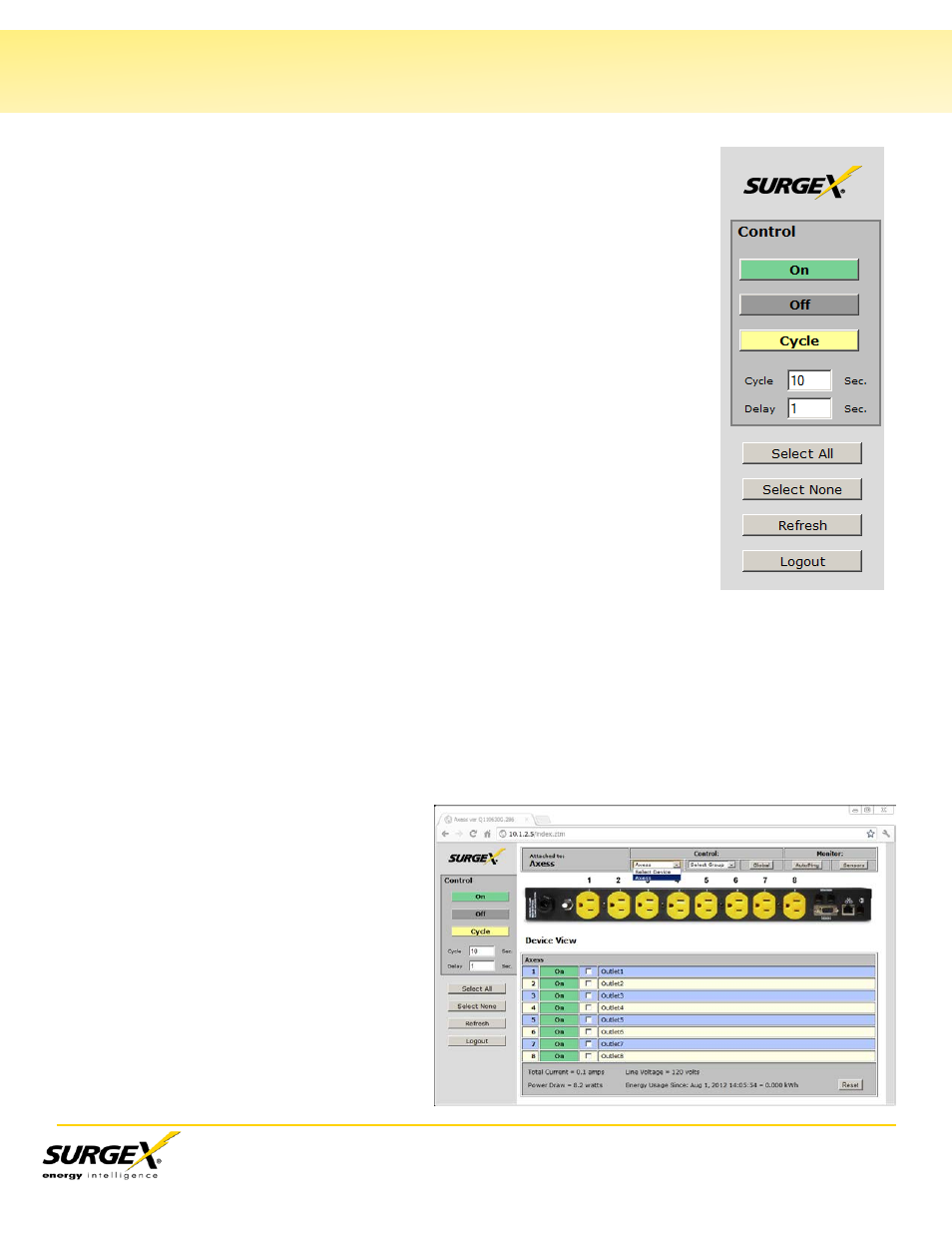 Control, Status, Device view | V. web server, Continued) | SurgeX SX-AX20 User Manual | Page 12 / 34