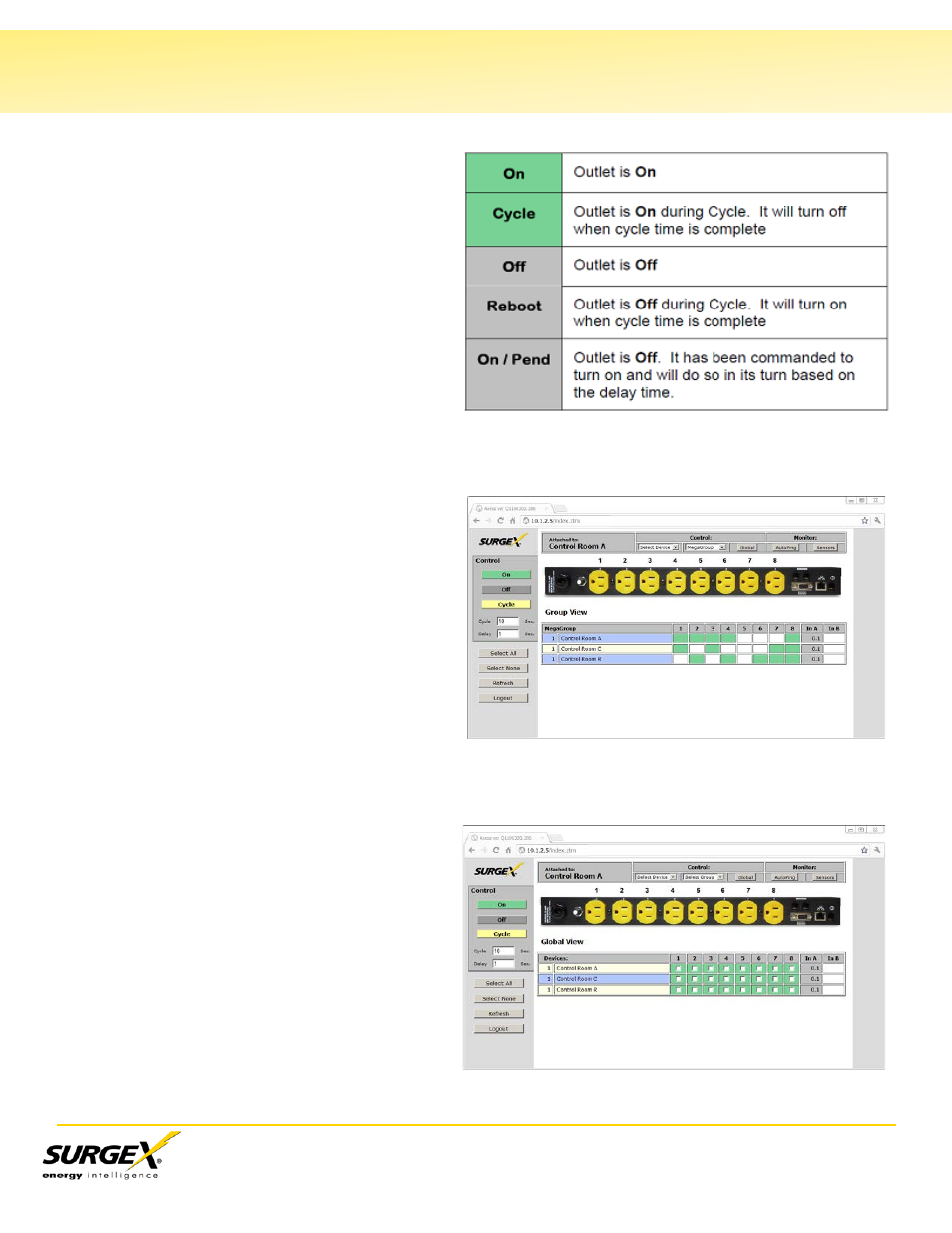 Outlet status, Group view, Global view | V. web server, Continued) | SurgeX SX-AX20 User Manual | Page 13 / 34