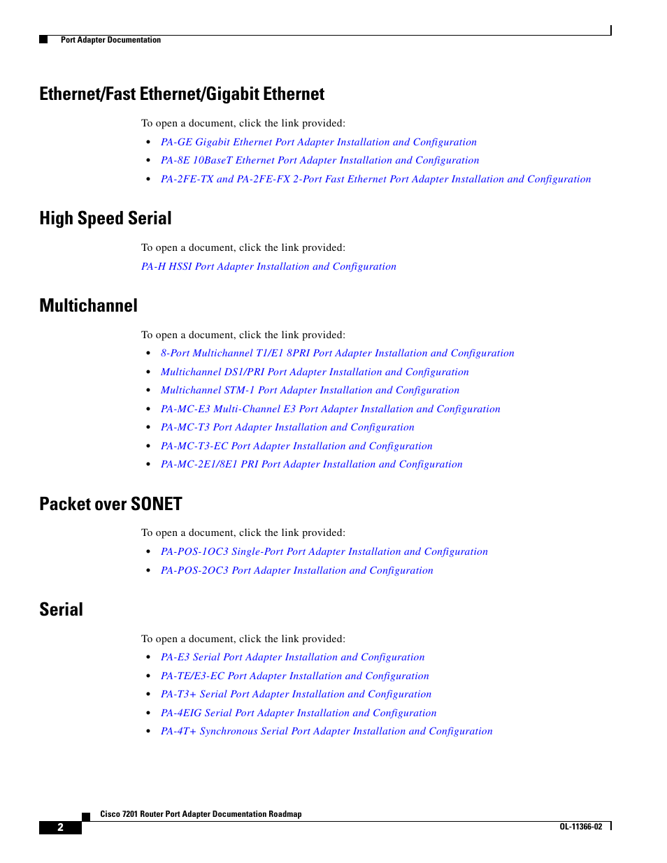 Ethernet/fast ethernet/gigabit ethernet, High speed serial, Multichannel | Packet over sonet, Serial | Cisco 7201 User Manual | Page 2 / 4