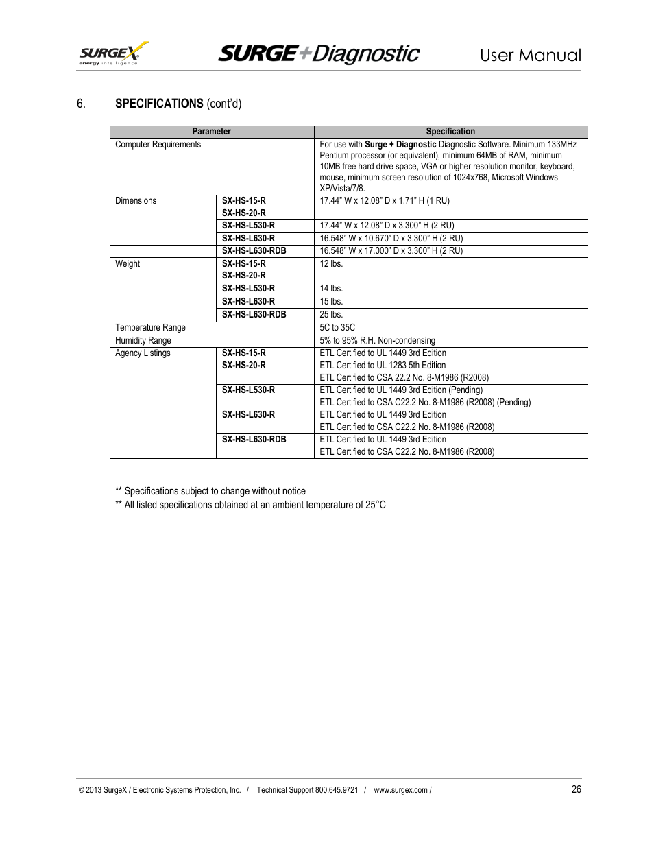 User manual, Specifications (cont’d) | SurgeX Defender Series Surge + Diagnostic User Manual | Page 27 / 27