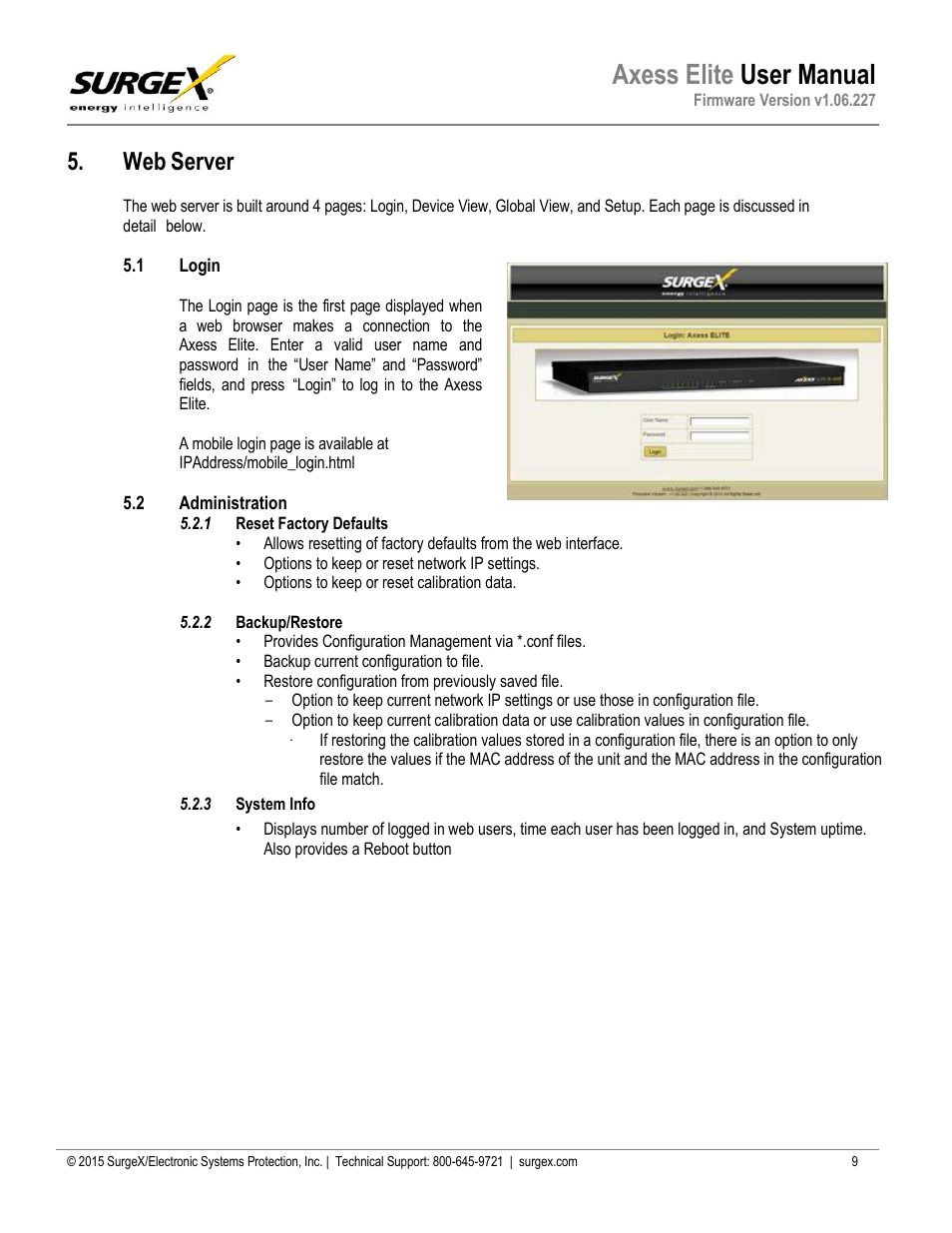 Web server, 1 login, 2 administration | Reset factory defaults, Backup/restore, System info, Axess elite user manual | SurgeX SX-AX20E User Manual | Page 10 / 36