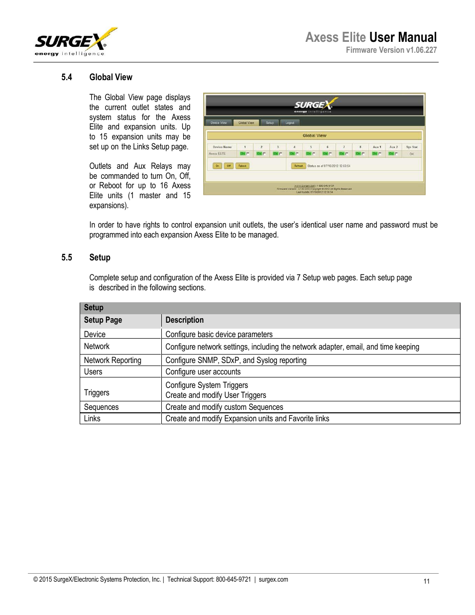 4 global view, 5 setup, Axess elite user manual | SurgeX SX-AX20E User Manual | Page 12 / 36