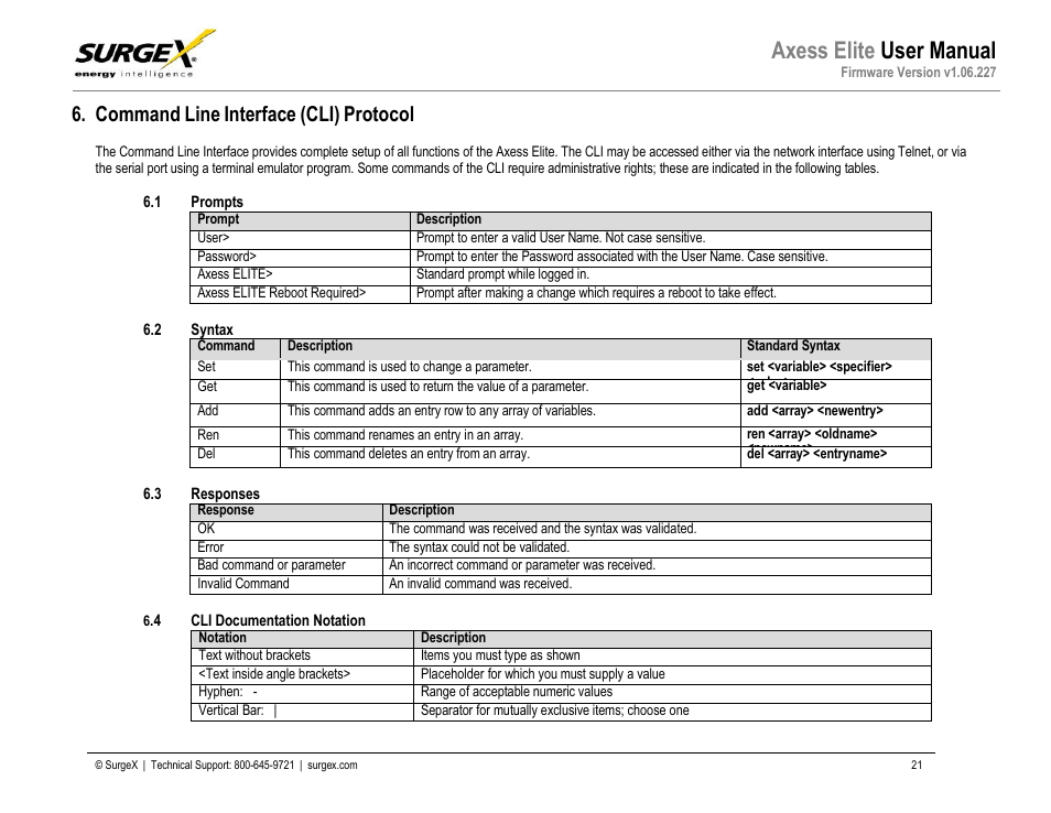 Command line interface (cli) protocol, 1 prompts, 2 syntax | 3 responses, 4 cli documentation notation, Axess elite user manual | SurgeX SX-AX20E User Manual | Page 22 / 36