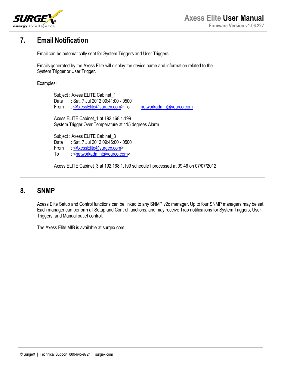 Email notification, Snmp, Axess elite user manual | SurgeX SX-AX20E User Manual | Page 25 / 36