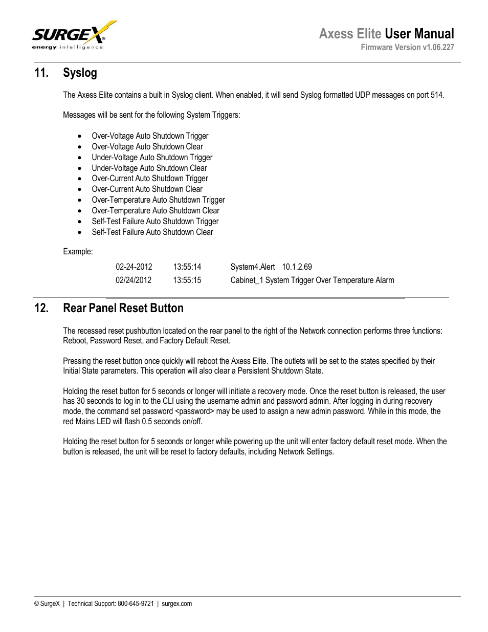 Syslog, Rear panel reset button, Axess elite user manual | SurgeX SX-AX20E User Manual | Page 35 / 36