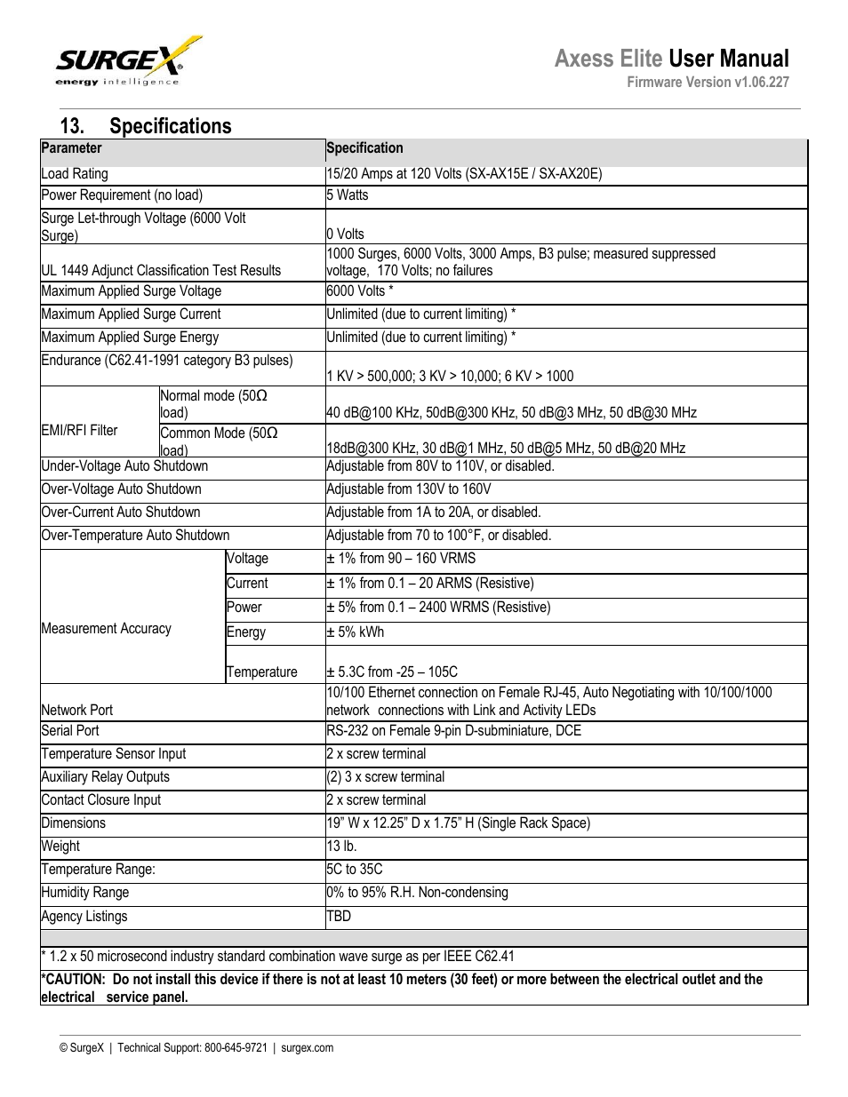 Specifications, Axess elite user manual | SurgeX SX-AX20E User Manual | Page 36 / 36