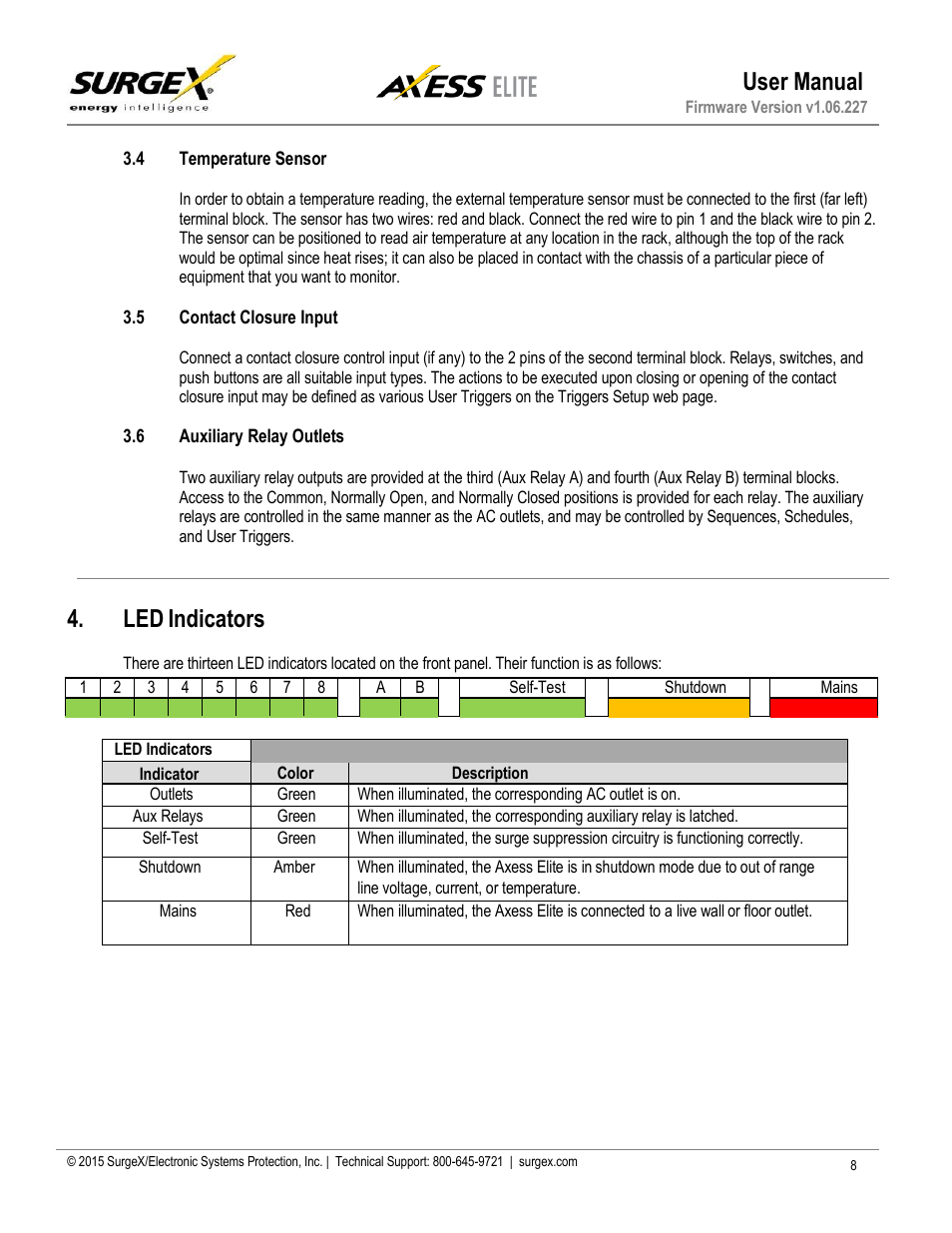 Temperature sensor, Contact closure input, Auxilary relay outputs | Led indicators, User manual | SurgeX SX-AX20E User Manual | Page 9 / 36