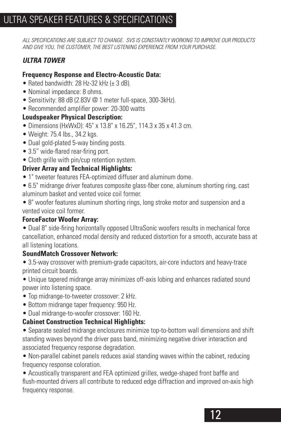 Ultra_speaker_manual_v1.1_01282013_13, Ultra speaker features & specifications | SVS Ultra Speakers User Manual | Page 13 / 17