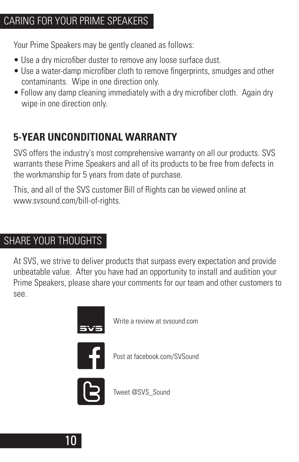 Prime_speaker_manual_08142014_10-2, Caring for your prime speakers share your thoughts, Year unconditional warranty | SVS Prime Speakers User Manual | Page 12 / 20