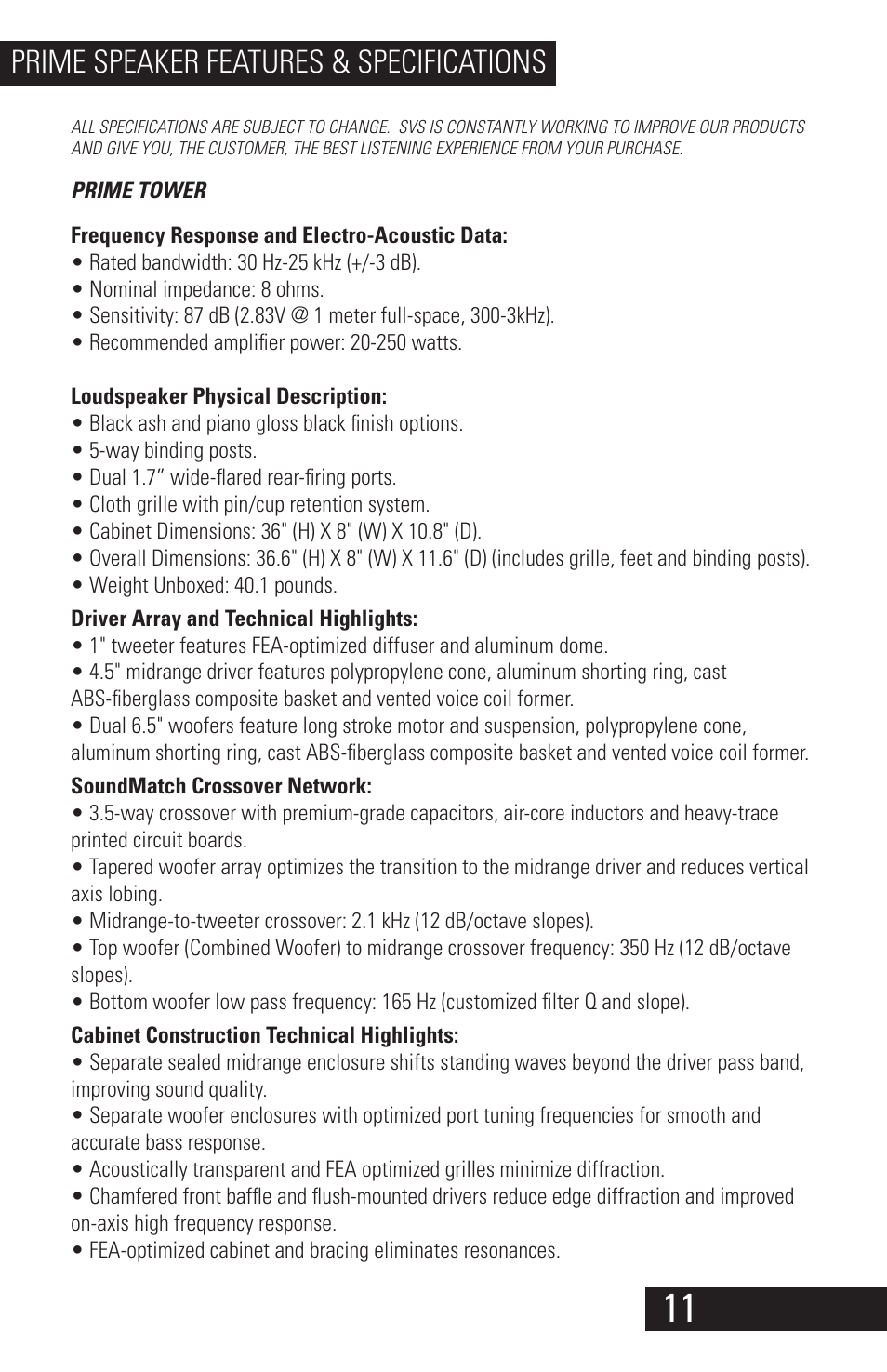 Prime_speaker_manual_08142014_11-2, Prime speaker features & specifications | SVS Prime Speakers User Manual | Page 13 / 20