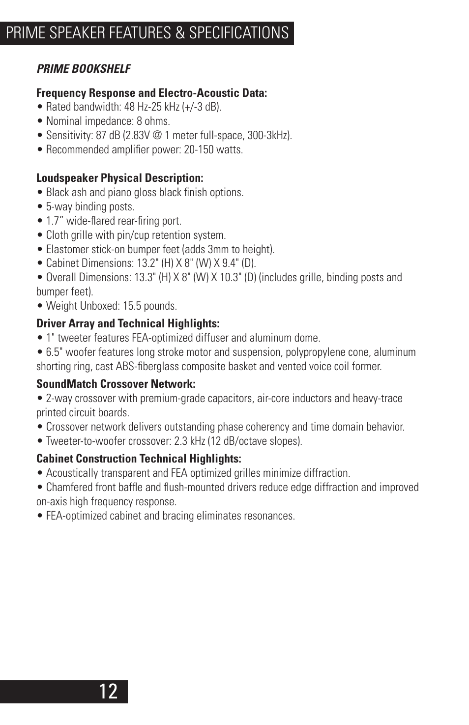 Prime_speaker_manual_08142014_12-2, Prime speaker features & specifications | SVS Prime Speakers User Manual | Page 14 / 20