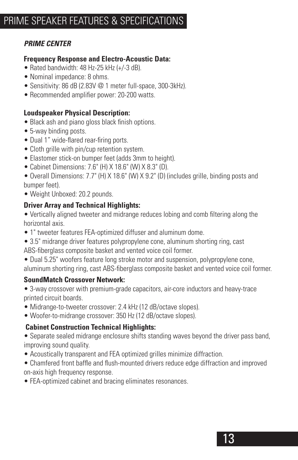 Prime_speaker_manual_08142014_13-2, Prime speaker features & specifications | SVS Prime Speakers User Manual | Page 15 / 20