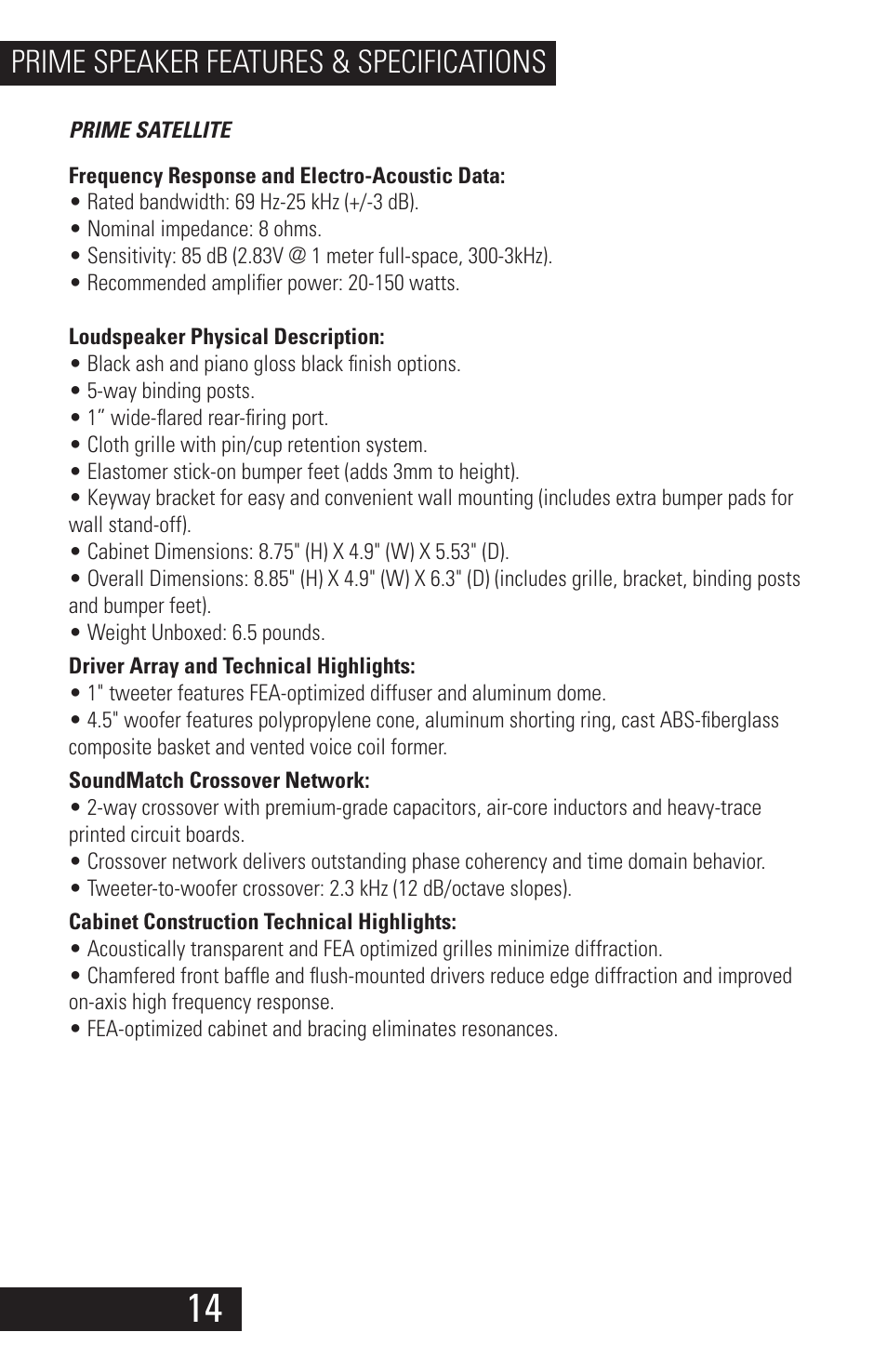 Prime_speaker_manual_08142014_14-2, Prime speaker features & specifications | SVS Prime Speakers User Manual | Page 16 / 20