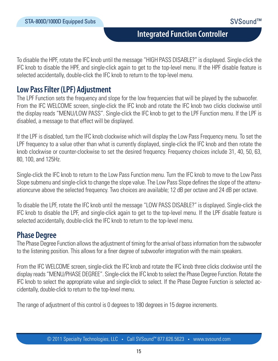 Low pass filter (lpf) adjustment, Phase degree, Integrated function controller | Svsound | SVS SB13-Ultra User Manual | Page 15 / 34