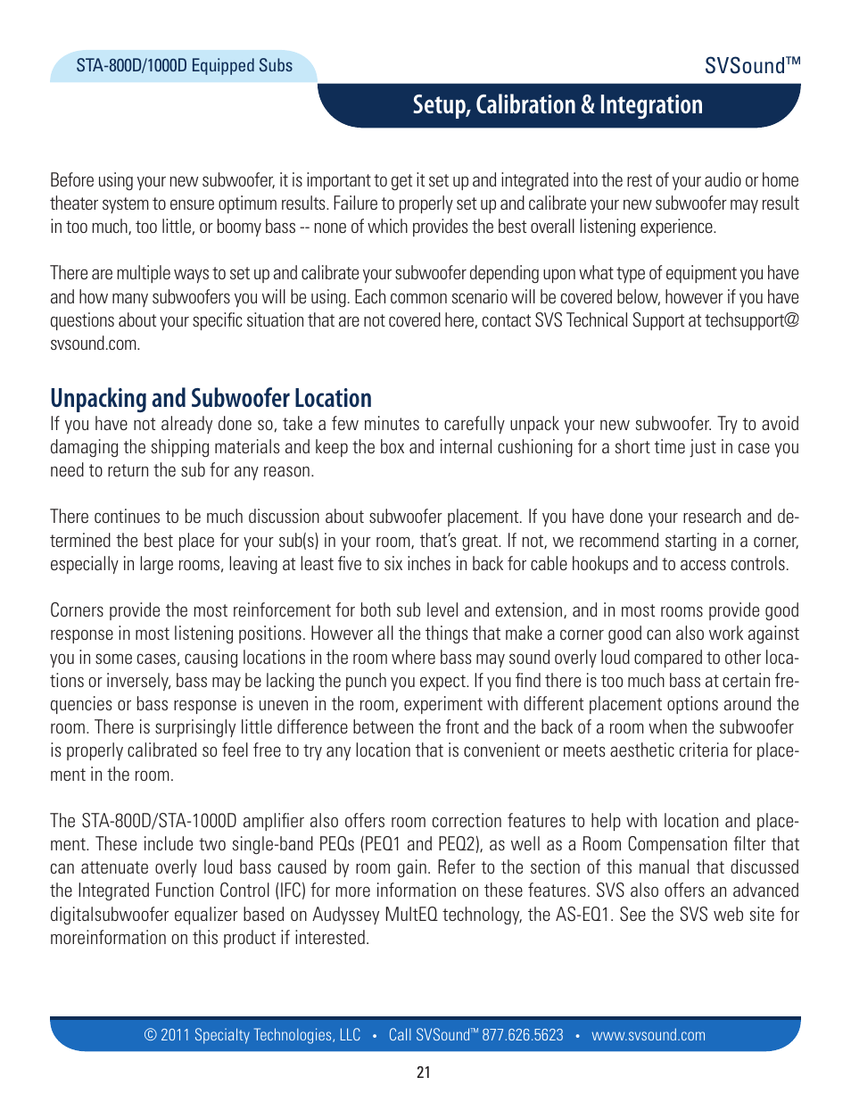 Unpacking and subwoofer location, Setup, calibration & integration, Svsound | SVS SB13-Ultra User Manual | Page 21 / 34