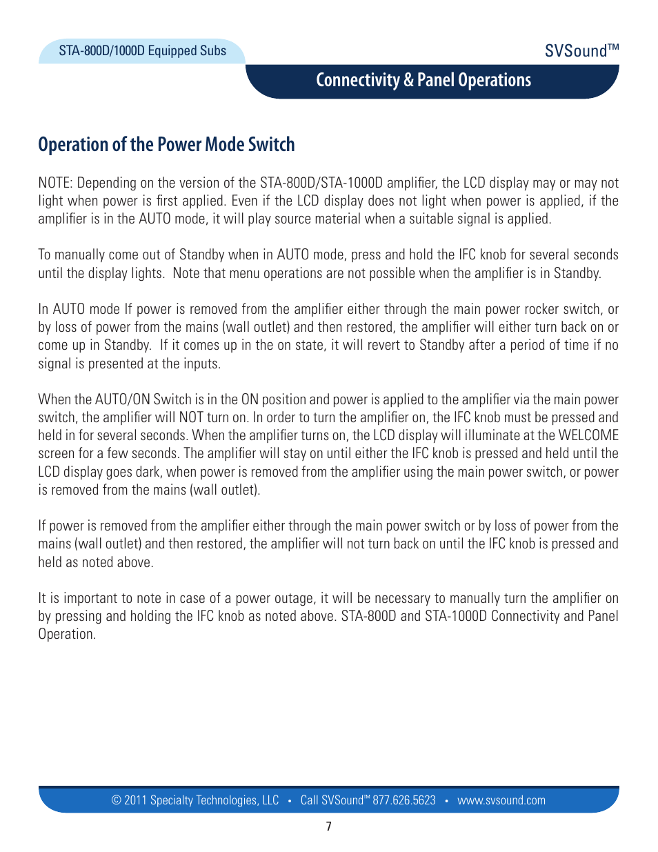 Operation of the power mode switch, Connectivity & panel operations, Svsound | SVS SB13-Ultra User Manual | Page 7 / 34