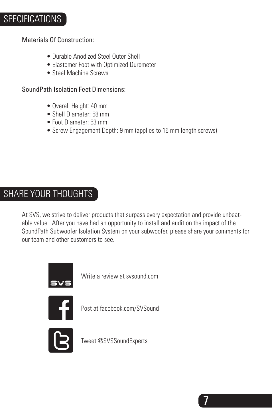 Soundpath_swis_manual_10252013_8, Specifications, Share your thoughts | SVS SoundPath Subwoofer Isolation System User Manual | Page 8 / 10