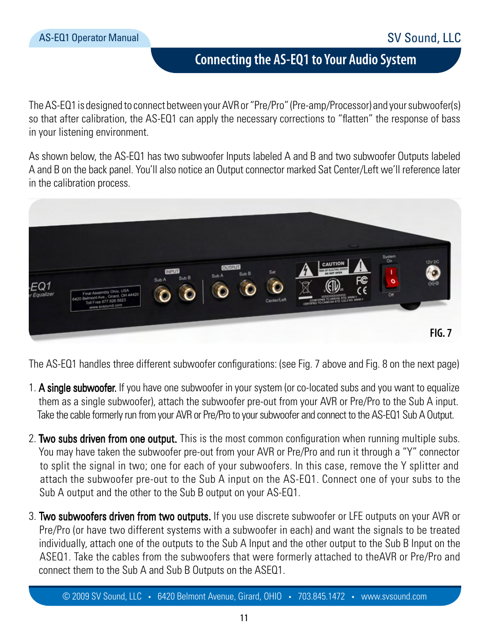 Connecting the as-eq1 to your audio system, Sv sound, llc, Fig. 7 | SVS AS EQ1 User Manual | Page 11 / 37